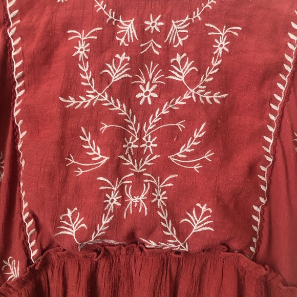 Bo Ho Boho Mini Dress Rust color elastic waist draped sleeves embroidered - Picture 3 of 5